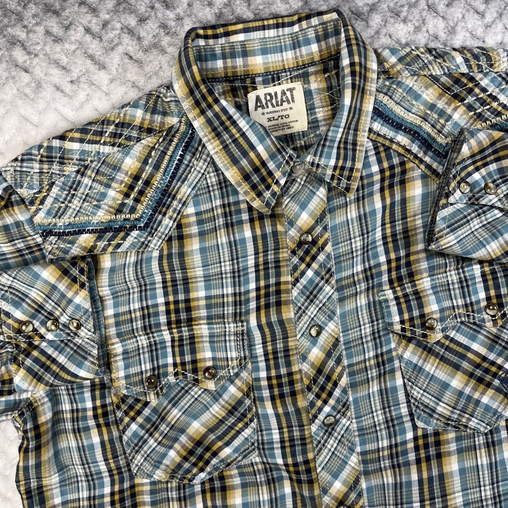 Ariat Retro Fit Pearl Snap Shirt Mens XL Plaid Long Slv Thick Stitch Embroidery